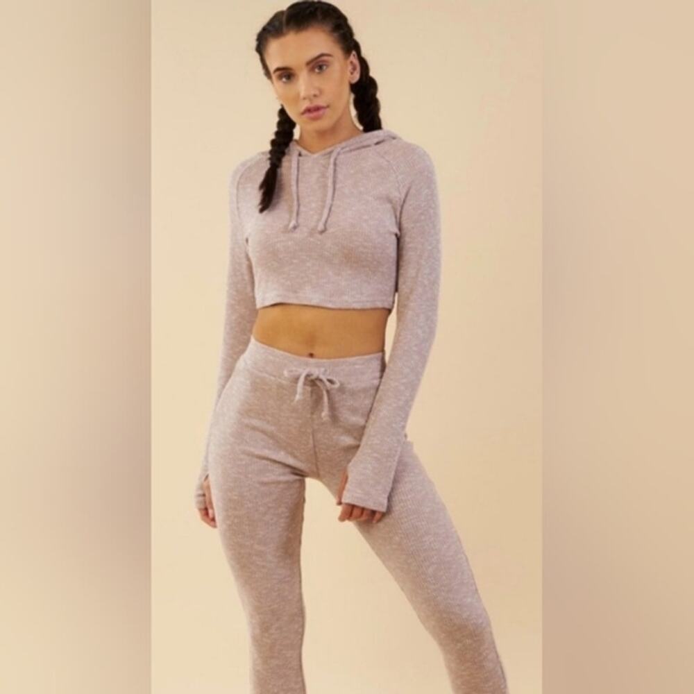 Gymshark Slounge Sweater Hoodie Ribbed Knit Marl Taupe Dusty Purple Size M